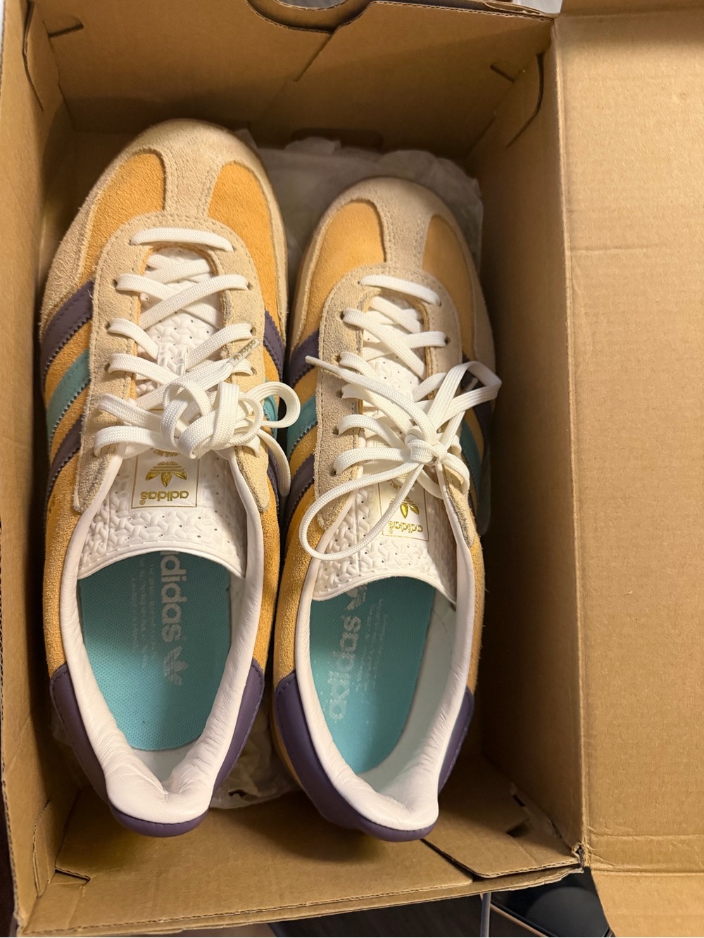 adidas Women’s Yellow Suede Sneakers with Teal and Purple Accents